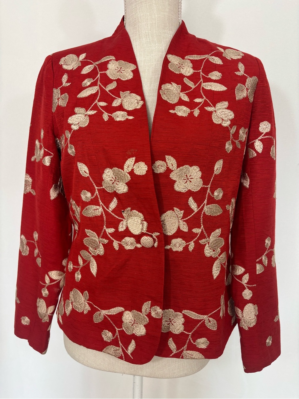 Dressbarn 100% Silk Blazer Rust Cream  Embroidered Statement Jacket Sz PM